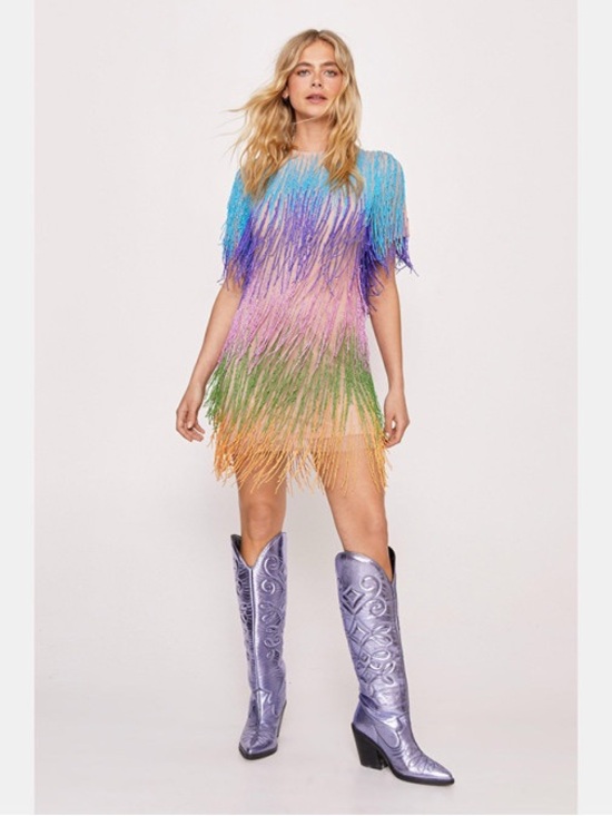 Nasty Gal Dresses & Skirts - Nasty Gal Rainbow Fringe Tassel Mini Shift Dress Multicolor Size 8 NWT